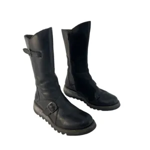 FLY London Black Biker Boots Leather Rubber Soles Women's Size 6 Preowned