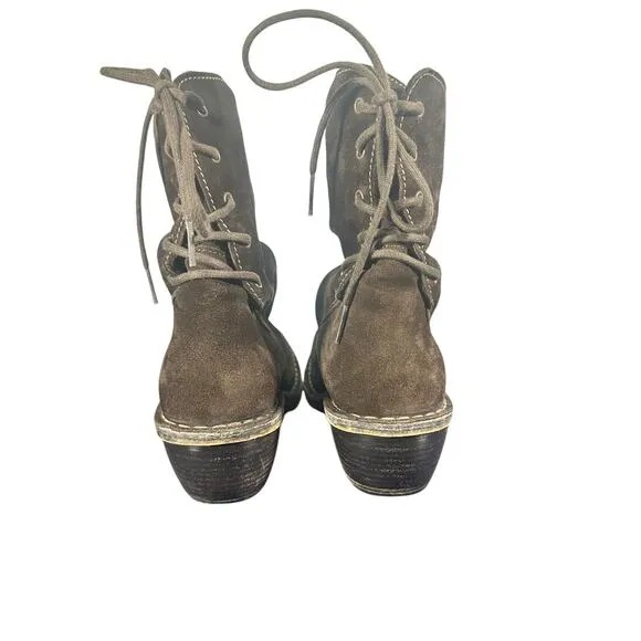 Fly London Sz 38 US 7.5-8 Slouchy Lace-Up Ankle Boots Brown Suede comfort heel