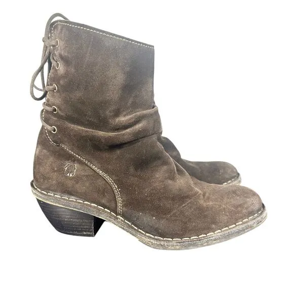 Fly London Sz 38 US 7.5-8 Slouchy Lace-Up Ankle Boots Brown Suede comfort heel