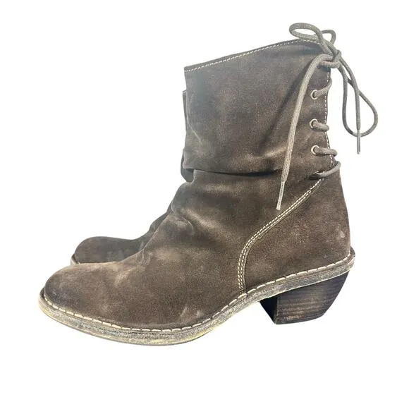 Fly London Sz 38 US 7.5-8 Slouchy Lace-Up Ankle Boots Brown Suede comfort heel