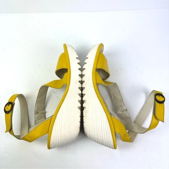 Fly London Yesk Shoes EU 38 Yellow Leather Sandals Womens Ankle Strap US 7.5-8