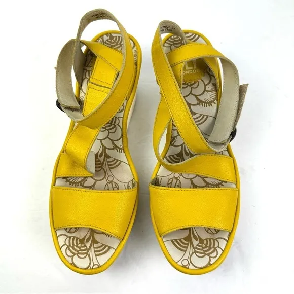 Fly London Yesk Shoes EU 38 Yellow Leather Sandals Womens Ankle Strap US 7.5-8