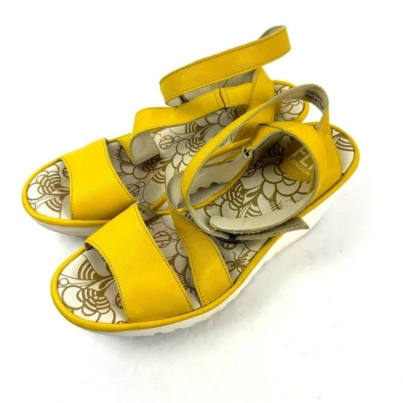 Fly London Yesk Shoes EU 38 Yellow Leather Sandals Womens Ankle Strap US 7.5-8