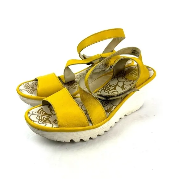 Fly London Yesk Shoes EU 38 Yellow Leather Sandals Womens Ankle Strap US 7.5-8