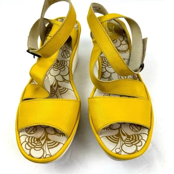 Fly London Yesk Shoes EU 38 Yellow Leather Sandals Womens Ankle Strap US 7.5-8