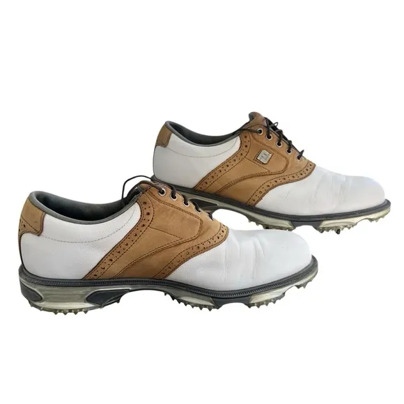 FOOTJOY DryJoy Tour Golf Shoes White Brown Size 8.5 Style #53699 Back 9 Cleats