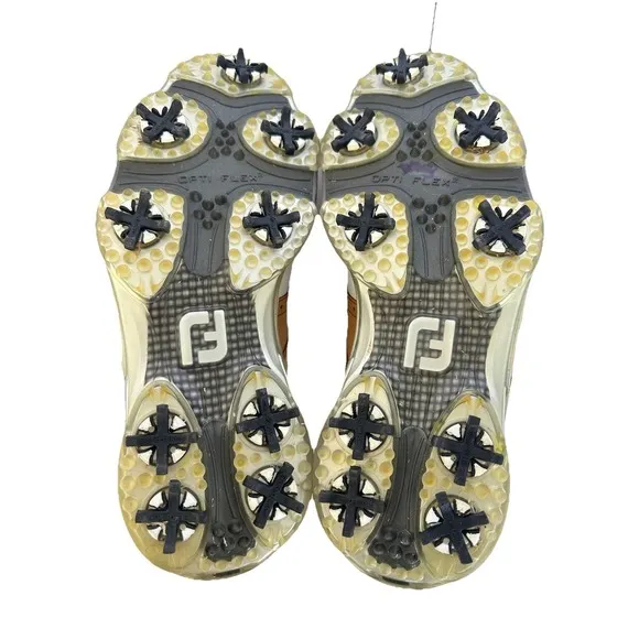 FOOTJOY DryJoy Tour Golf Shoes White Brown Size 8.5 Style #53699 Back 9 Cleats