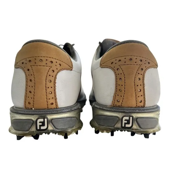 FOOTJOY DryJoy Tour Golf Shoes White Brown Size 8.5 Style #53699 Back 9 Cleats
