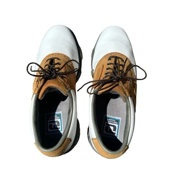 FOOTJOY DryJoy Tour Golf Shoes White Brown Size 8.5 Style #53699 Back 9 Cleats