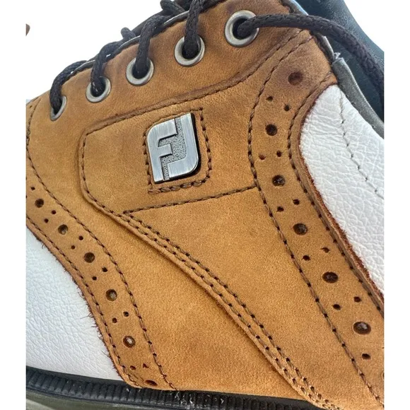 FOOTJOY DryJoy Tour Golf Shoes White Brown Size 8.5 Style #53699 Back 9 Cleats