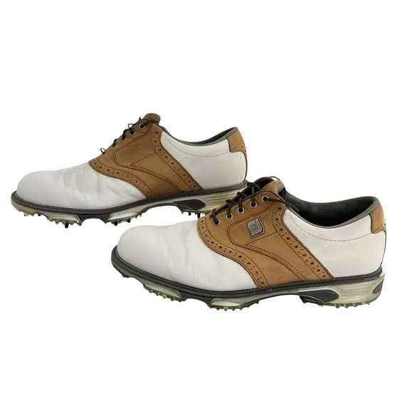 FOOTJOY DryJoy Tour Golf Shoes White Brown Size 8.5 Style #53699 Back 9 Cleats