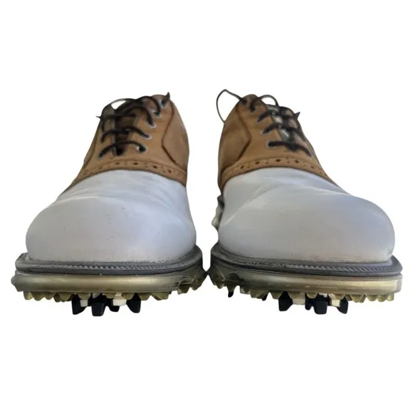FOOTJOY DryJoy Tour Golf Shoes White Brown Size 8.5 Style #53699 Back 9 Cleats