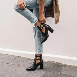 FOWT Black Cut Out Hollow Out Open Side High Heel Metal Buckle Work Ankle Boot