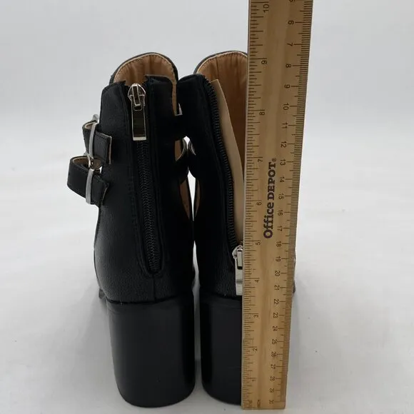 FOWT Black Cut Out Hollow Out Open Side High Heel Metal Buckle Work Ankle Boot