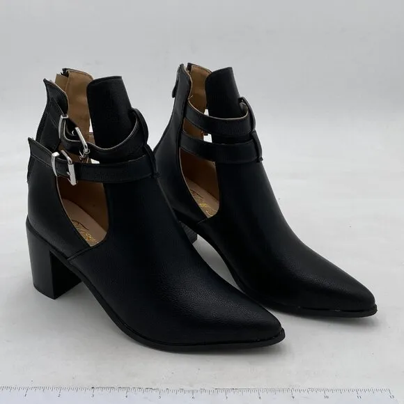 FOWT Black Cut Out Hollow Out Open Side High Heel Metal Buckle Work Ankle Boot