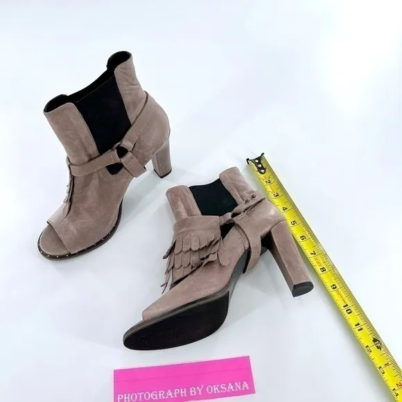 FREDA SALVADOR BLACK LEATHER HARNESS FRINGES OPEN TOE ANKLE BOOTS Gray size 8.5