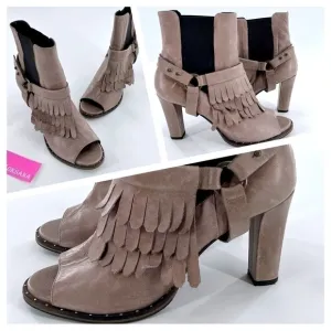 FREDA SALVADOR BLACK LEATHER HARNESS FRINGES OPEN TOE ANKLE BOOTS Gray size 8.5