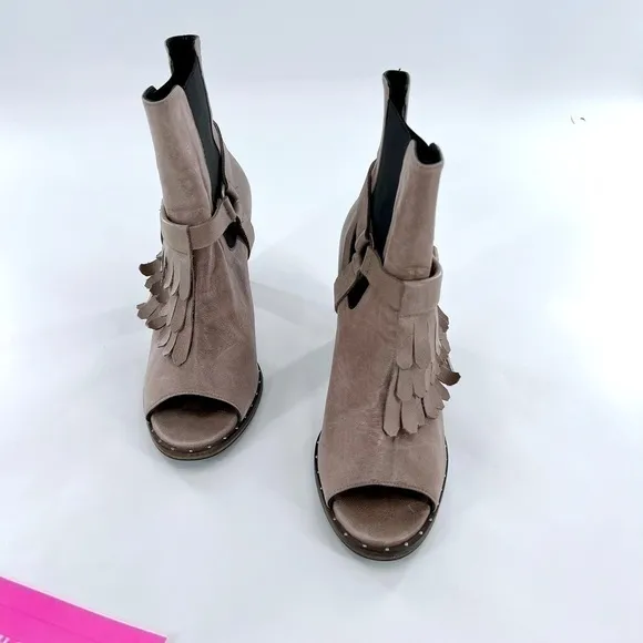 FREDA SALVADOR BLACK LEATHER HARNESS FRINGES OPEN TOE ANKLE BOOTS Gray size 8.5