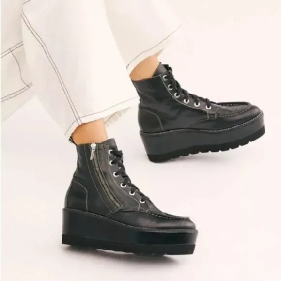Free People Maverick Lace Up Wedge Boot Black Size 8