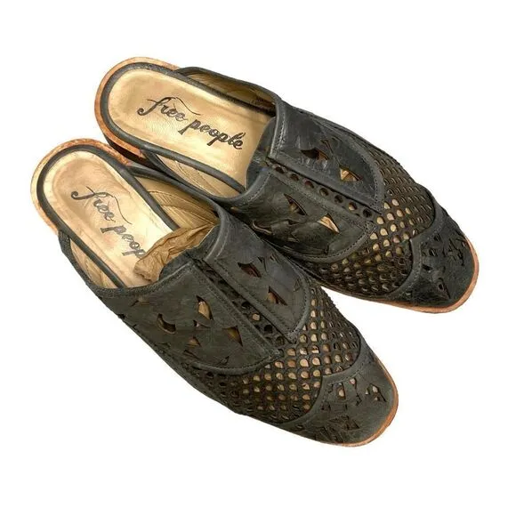 FREE PEOPLE Paramount Leather Boho Slip-On Loafer Mule Shoes Gray 39