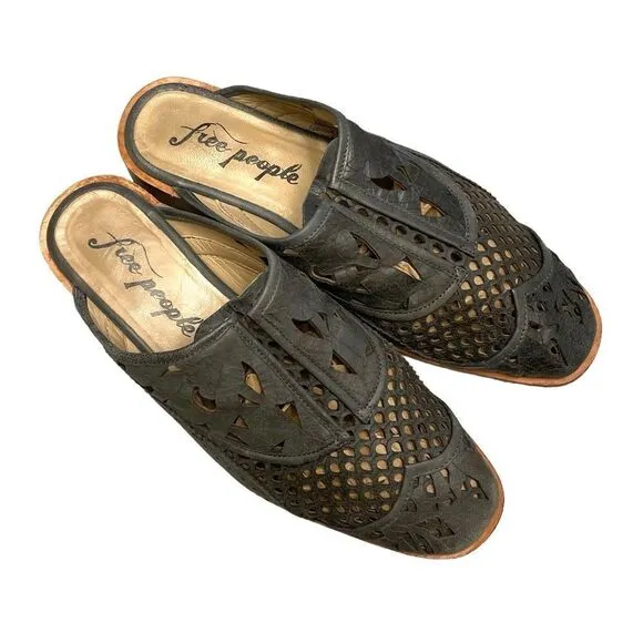 FREE PEOPLE Paramount Leather Boho Slip-On Loafer Mule Shoes Gray 39