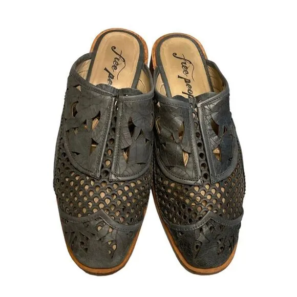 FREE PEOPLE Paramount Leather Boho Slip-On Loafer Mule Shoes Gray 39