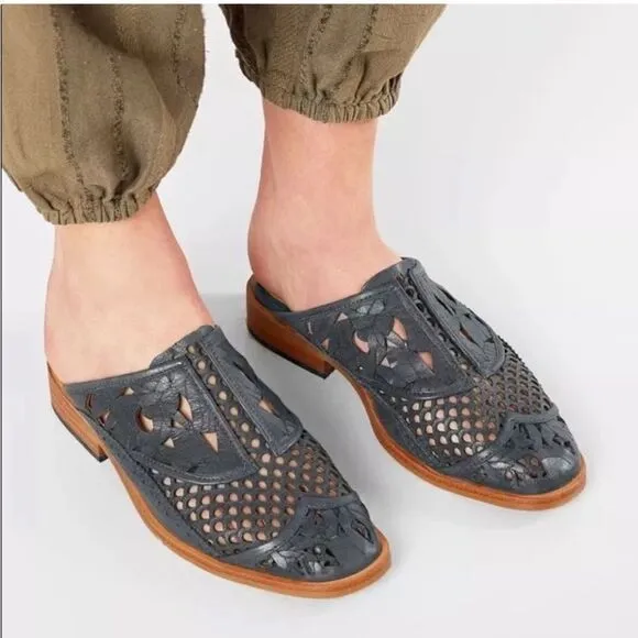 FREE PEOPLE Paramount Leather Boho Slip-On Loafer Mule Shoes Gray 39