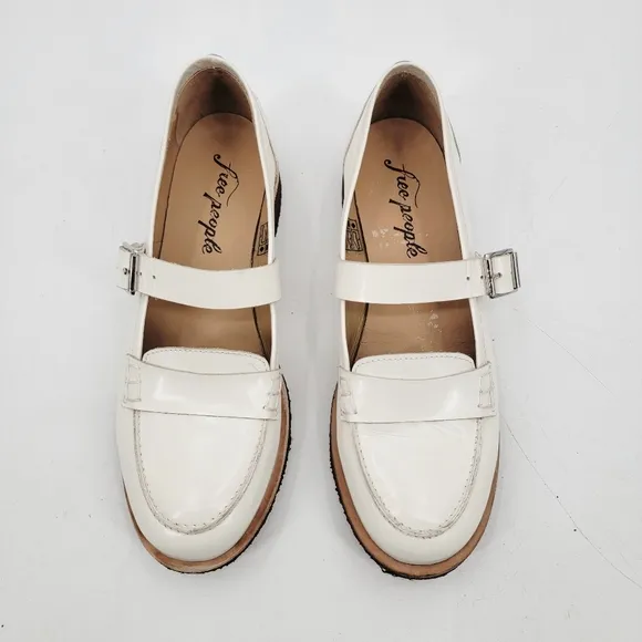 Free People Shoes Size 9.5 White Leather Penny Loafer Mary Janes Preppy Shoes