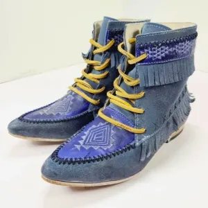 FREEBIRD by STEVEN TRIBE Boots Embroidered Moccasins Leather Lace Up Blue Size 7