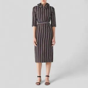 French NINA RICCI Silk Ruffle Collar Shift Dress Luxury Zip Slit Logo Midi 2