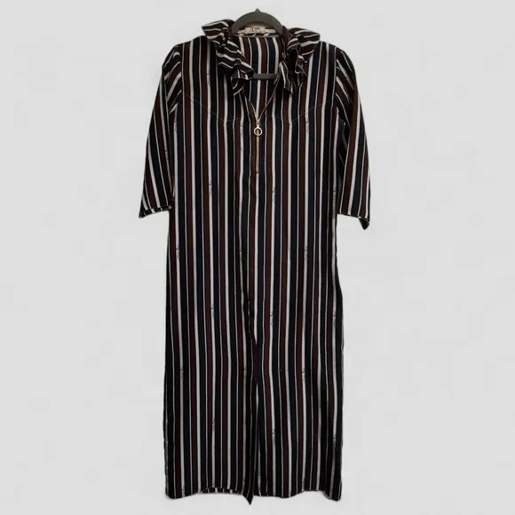French NINA RICCI Silk Ruffle Collar Shift Dress Luxury Zip Slit Logo Midi 2