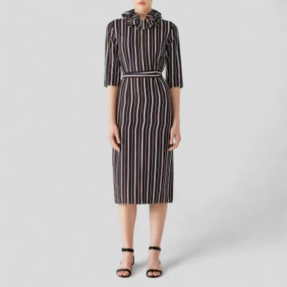 French NINA RICCI Silk Ruffle Collar Shift Dress Luxury Zip Slit Logo Midi 2