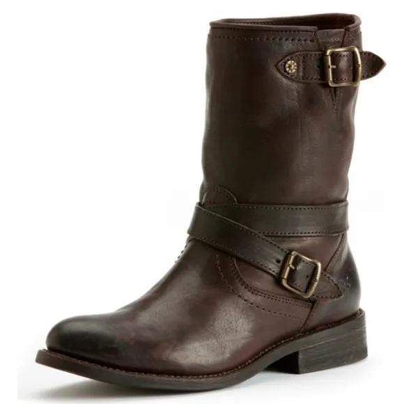FRYE Boots JAYDEN CROSS ENGINEER Leather Antique Dark Brown Distressed Size 7.5