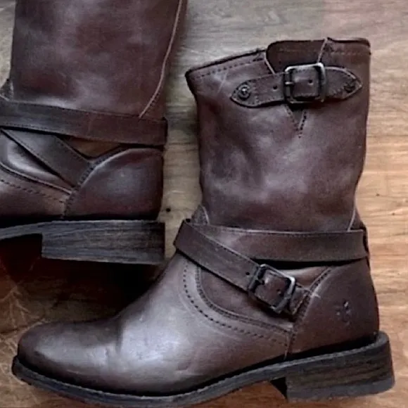 FRYE Boots JAYDEN CROSS ENGINEER Leather Antique Dark Brown Distressed Size 7.5