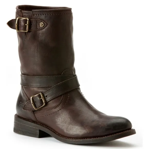 FRYE Boots JAYDEN CROSS ENGINEER Leather Antique Dark Brown Distressed Size 7.5