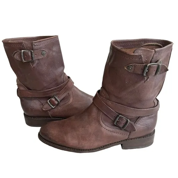 FRYE Jayden Cross Engineer Boots Dark Brown Leather Women’s