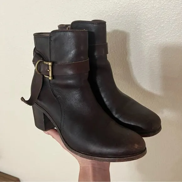 FRYE Malorie Knotted Dark Brown Distressed Leather Short Ankle Bootie Boots 8.5