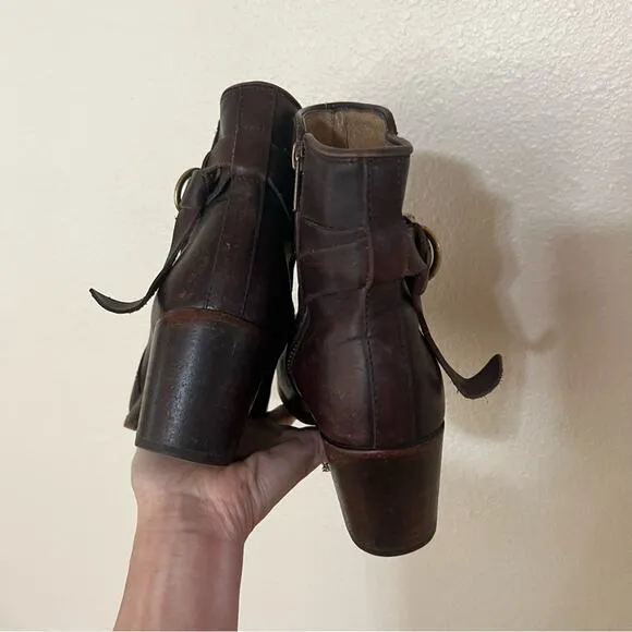 FRYE Malorie Knotted Dark Brown Distressed Leather Short Ankle Bootie Boots 8.5