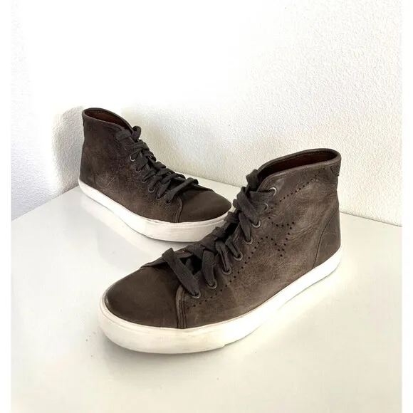 FRYE Men's Hi Top Leather Sneakers Brown Perforation Classic Lace Up Size 8.5