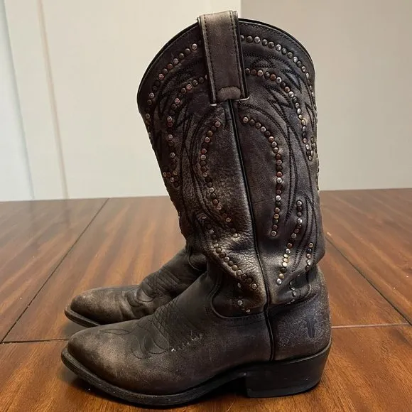 Frye Studded Billy Boots Green Gray Distressed￼ Leather Womens Size 6.5 B