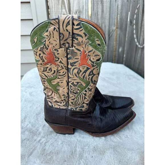 Frye Vintage Lizard Leather Snip Toe Cowgirl Western Boots Womens Size 9.5