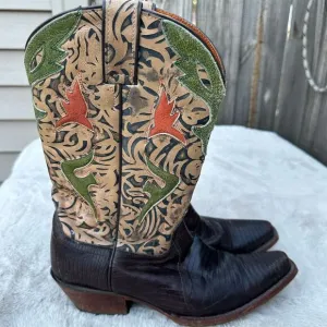 Frye Vintage Lizard Leather Snip Toe Cowgirl Western Boots Womens Size 9.5