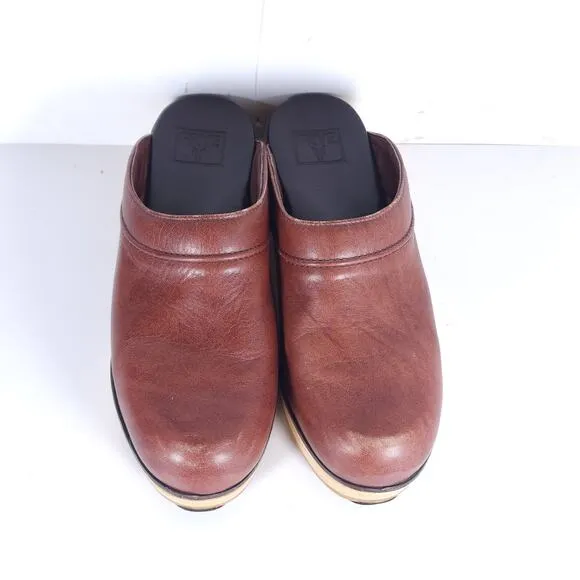 Frye Women's Vintage US9D Brown Cognac Leather Slip-On Clogs Shoes USA