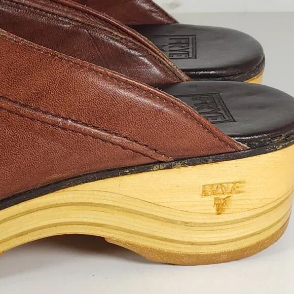 Frye Women's Vintage US9D Brown Cognac Leather Slip-On Clogs Shoes USA