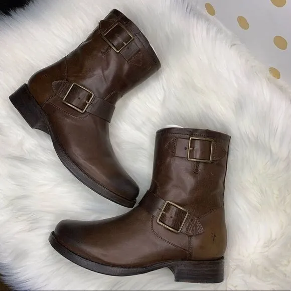 Frye Vicky Engineer Chocolate Brown Leather Boots 5.5