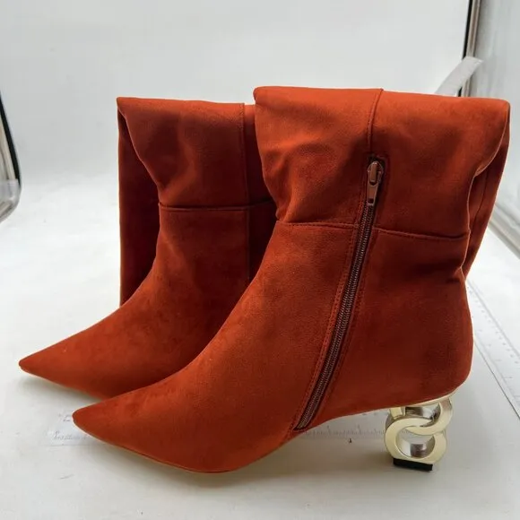 FSJ Women Pointed Toe Medium Chain Heel Knee High Boots Stretch Faux Suede Brown
