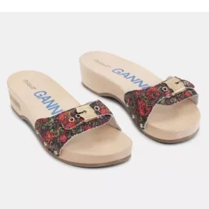 GANNI X Dr. Scholl Red Floral Slip on Low Heel Sandal Clogs Size 8 NEW
