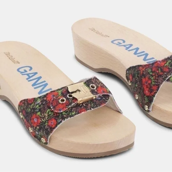 GANNI X Dr. Scholl Red Floral Slip on Low Heel Sandal Clogs Size 8 NEW