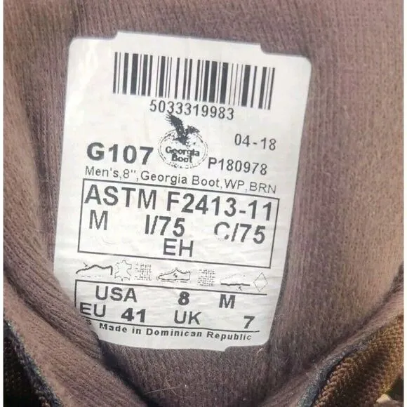 Georgia Boot G107 8&quot; Homeland Mens Sz 8 M Brown Waterproof Steel Toe Work Boots