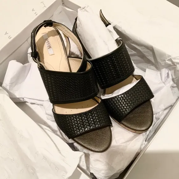 Geox Mauvelle Black Leather ankle strap block heel sandal platform dress shoes 8